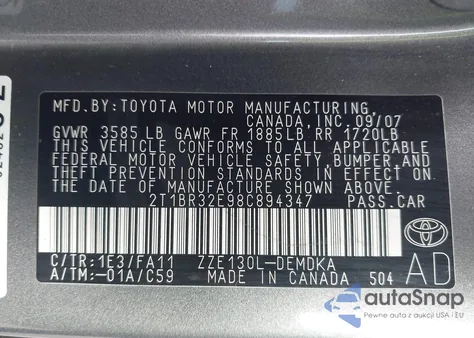 2008 Toyota Corolla Ce z USA, uszkodzony, nr VIN 2T1BR32E98C894347